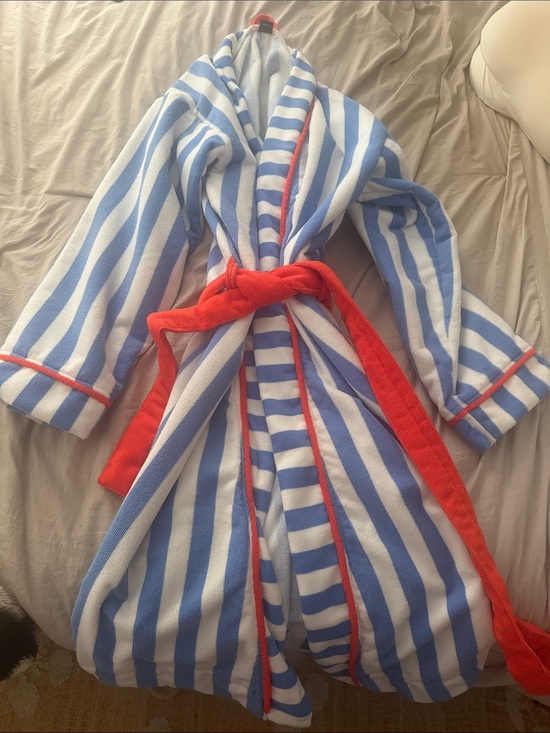 Barkbox Other - Adult Striped Blue & White Plush Bathrobe with Orange Trim and Belt
